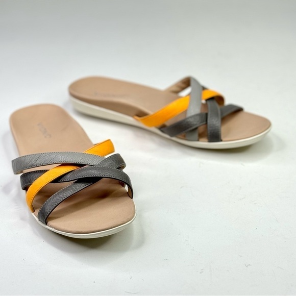 Vionic Dava leather orthotic comfort sandal slide grey orange/yellow 9.5 - Picture 1 of 9